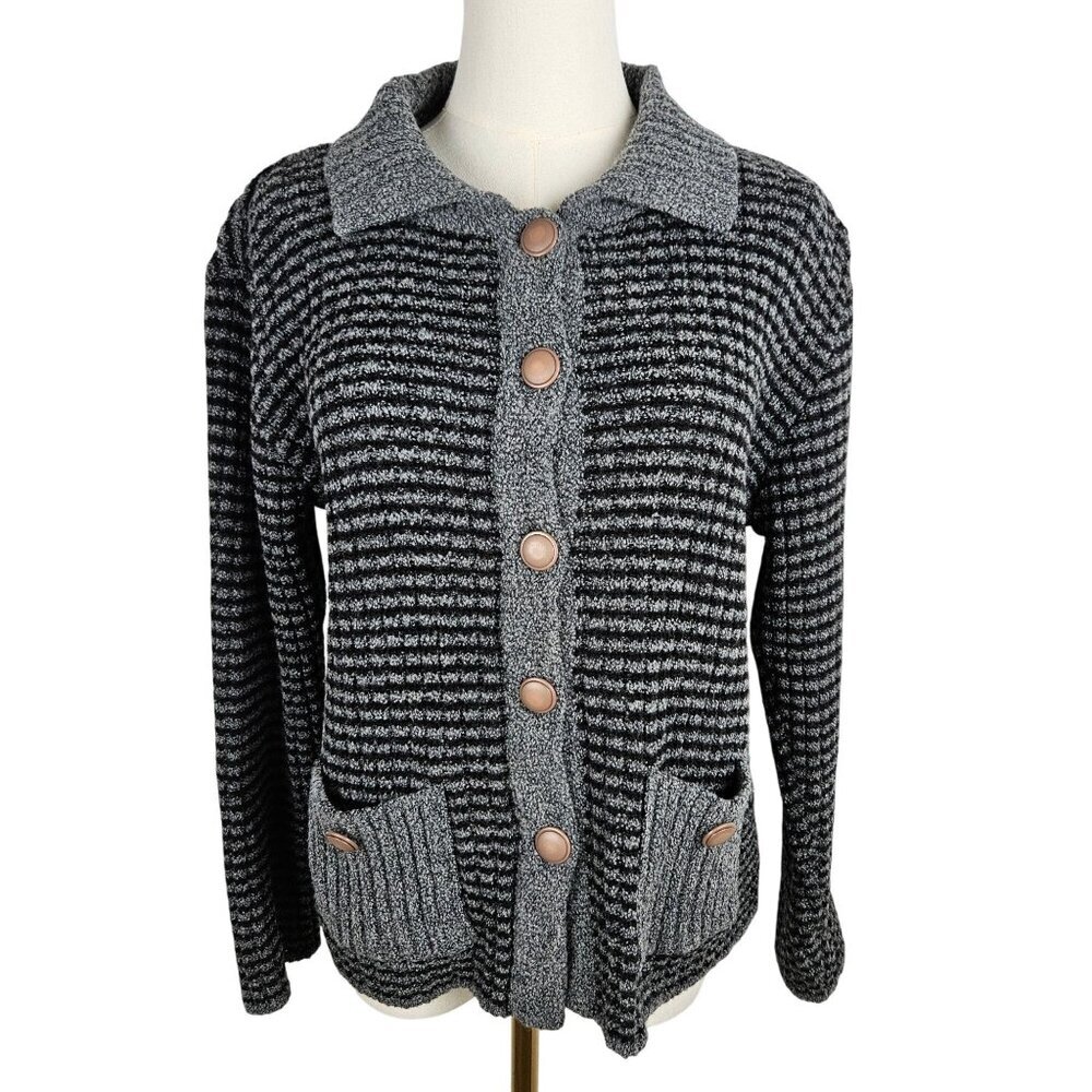 VTG Italian Cardigan Young By Sarissima Stripe Sz L Sweater Y2K Retro Wool Blend